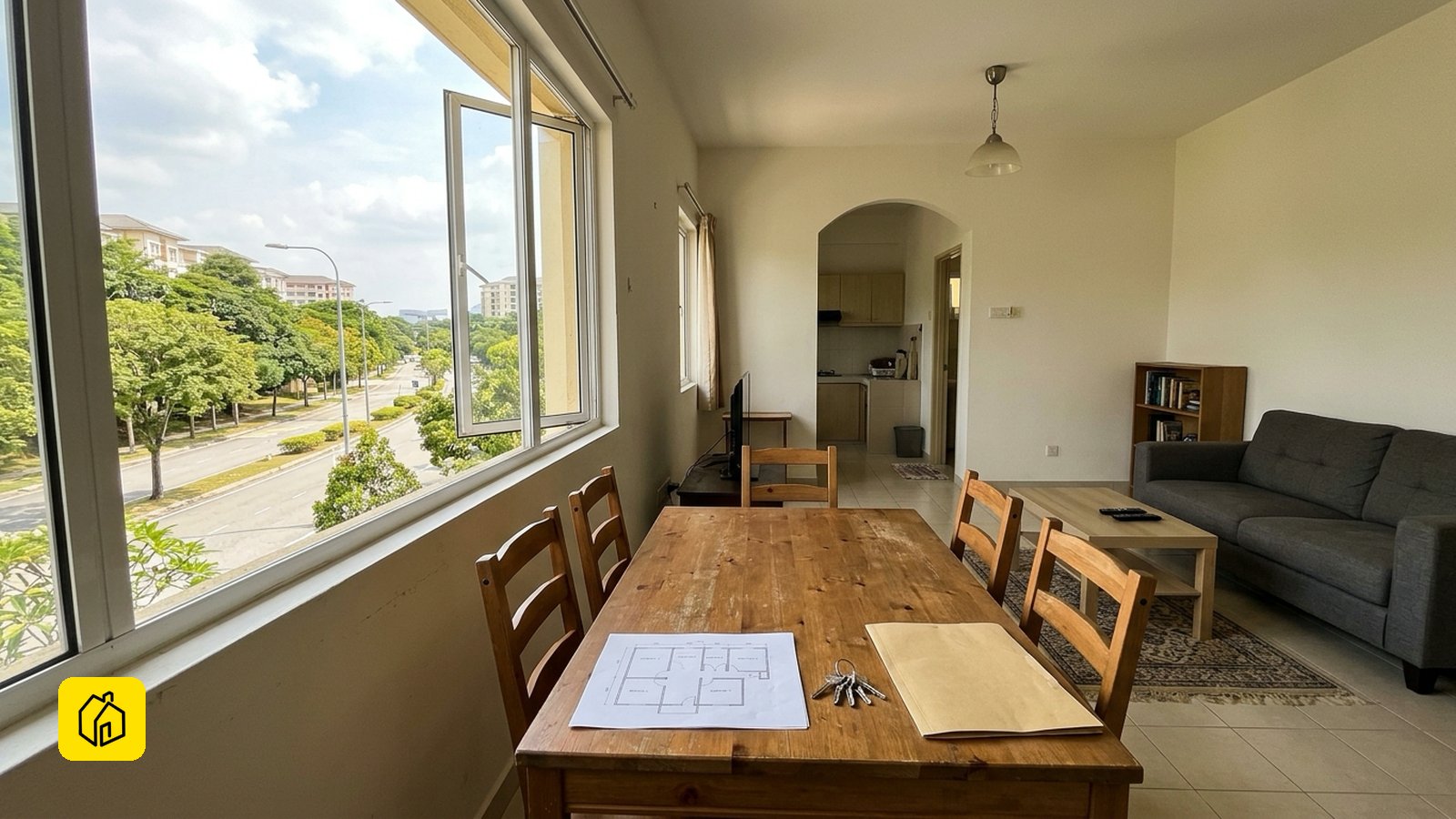 Operating model decision and unit layout for this building: Putrajaya civil-service scheme apartment interior in Presint 6: a practical family living and dining space, unit floor-plan drawing, keys and tenancy folder on the table