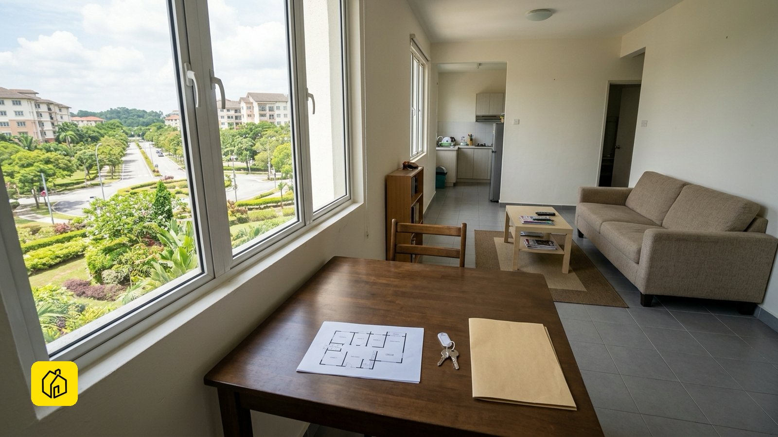 Operating model decision and unit layout for this building: Interior apartemen skema perkhidmatan awam Putrajaya di Presint 5: ruang tamu dan makan keluarga, pelan lantai unit, kunci dan folder sewaan di atas meja