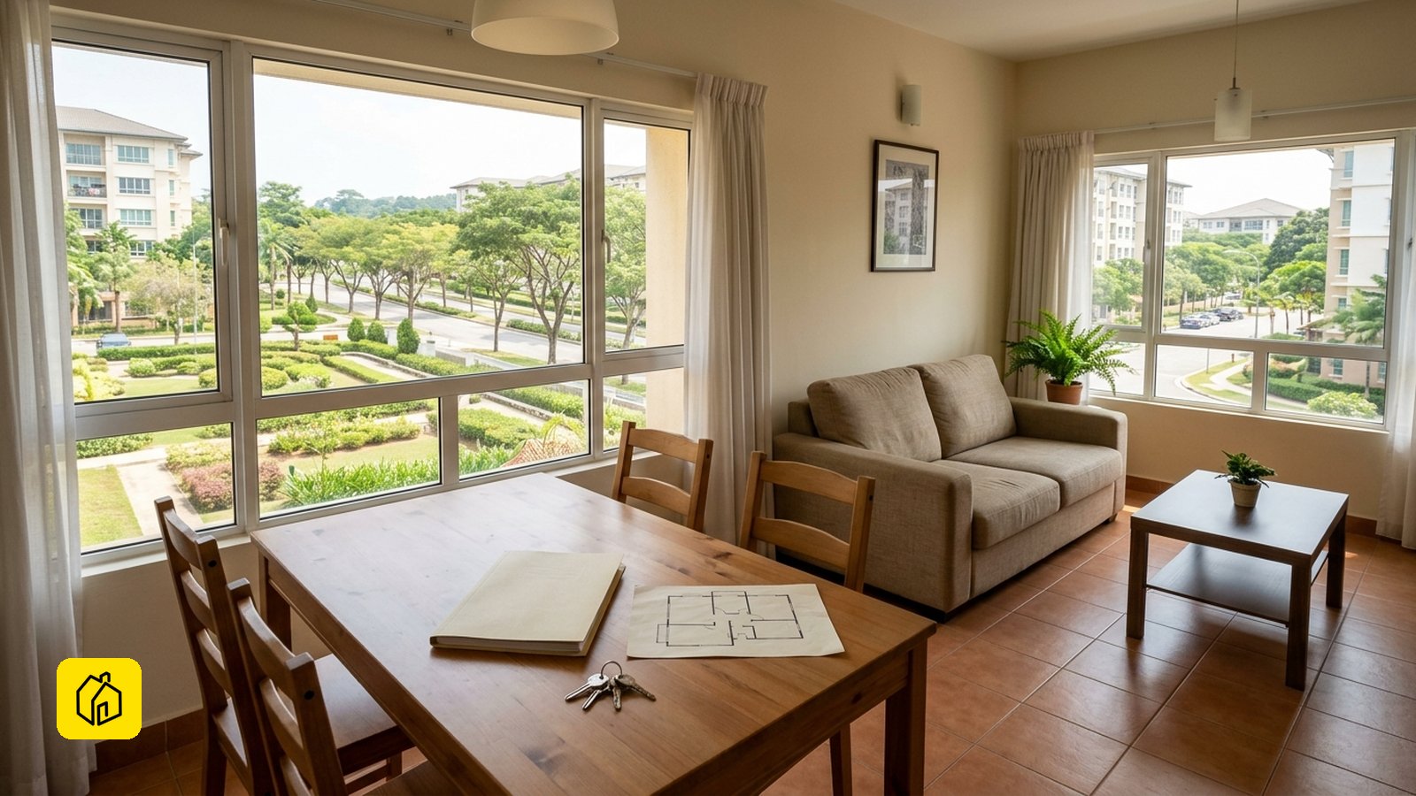 Operating model decision and unit layout for this building: Putrajaya civil-service scheme apartment interior in Presint 5: a practical family living and dining space, unit floor-plan drawing, keys and tenancy folder on the table, Putrajaya avenues through the window