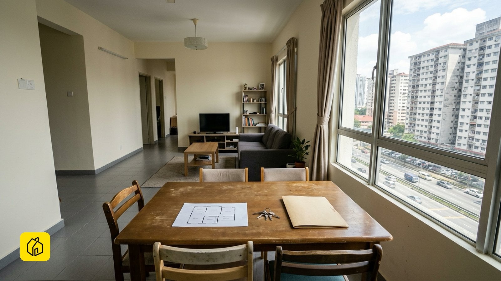 Operating model decision and unit layout for this building: Interior apartemen skema perkhidmatan awam di Setapak KL: ruang tamu dan makan keluarga, pelan lantai unit, kunci dan folder sewaan