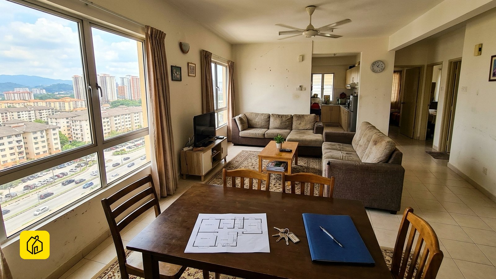 Operating model decision and unit layout for this building: Setapak KL civil-service scheme apartment interior: a practical family living and dining space, unit floor-plan drawing, keys and tenancy folder on the table