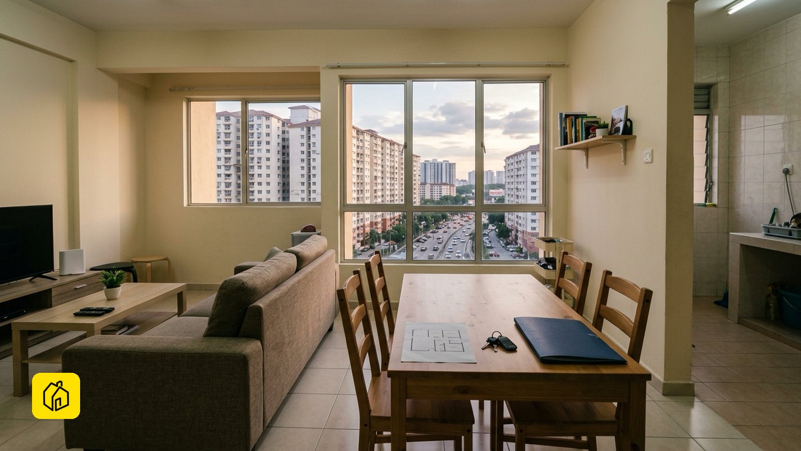 Operating model decision and unit layout for this building: 吉隆坡帝沙鹅 civil-service 住宅公寓室内实景：家庭客厅与餐厅空间、单元平面图、钥匙与租约文件夹