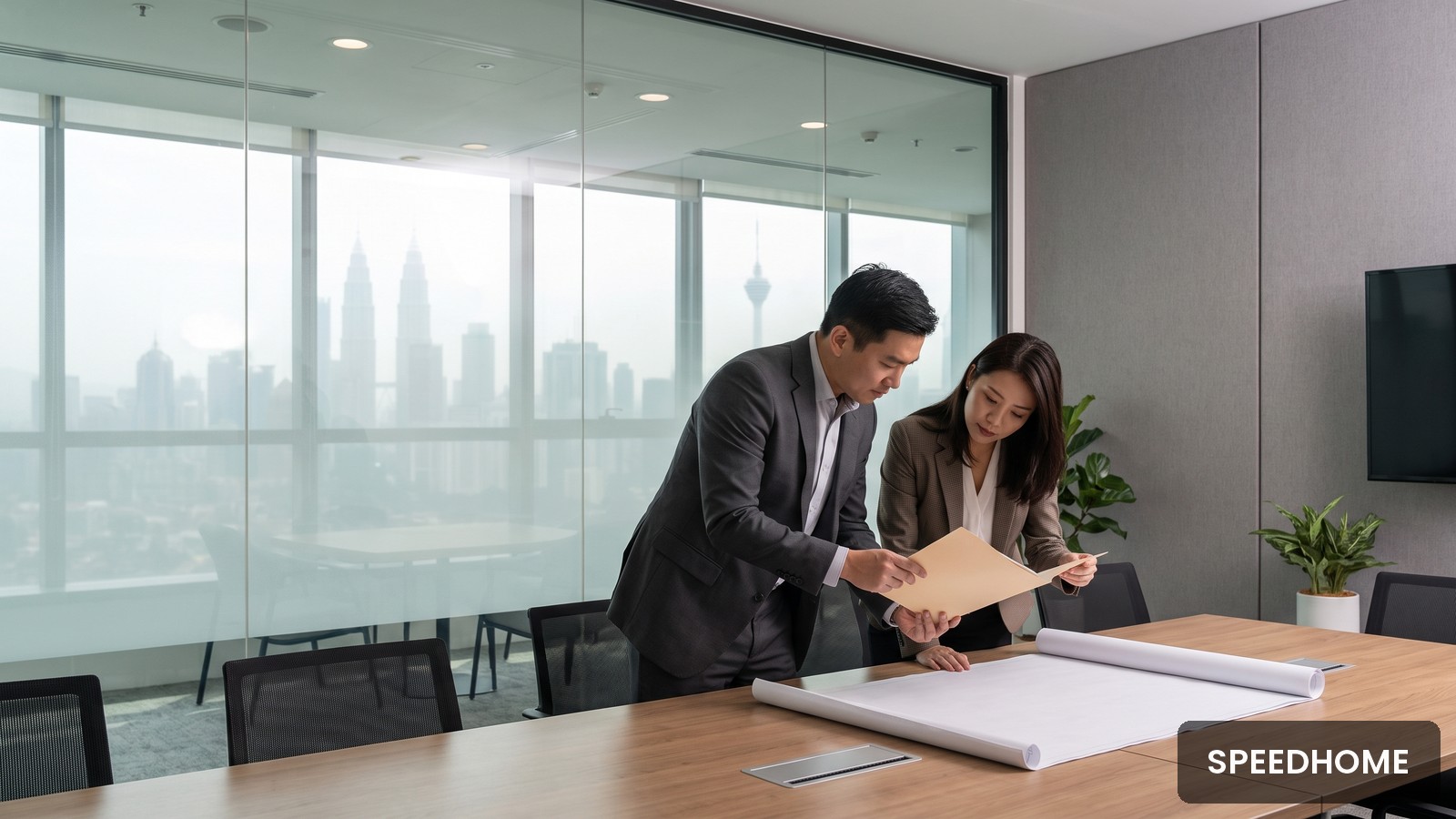 Business colleagues reviewing an office lease document pack in a Kuala Lumpur meeting room.