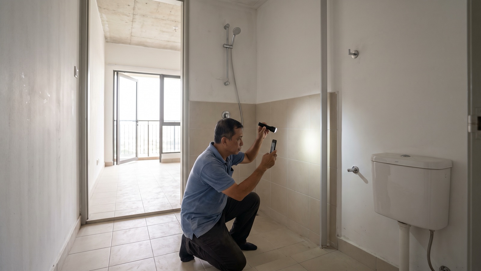 A person in a white hard hat inspects a wall with a clipboard during a vacant-unit walk-through in a Malaysian condominium