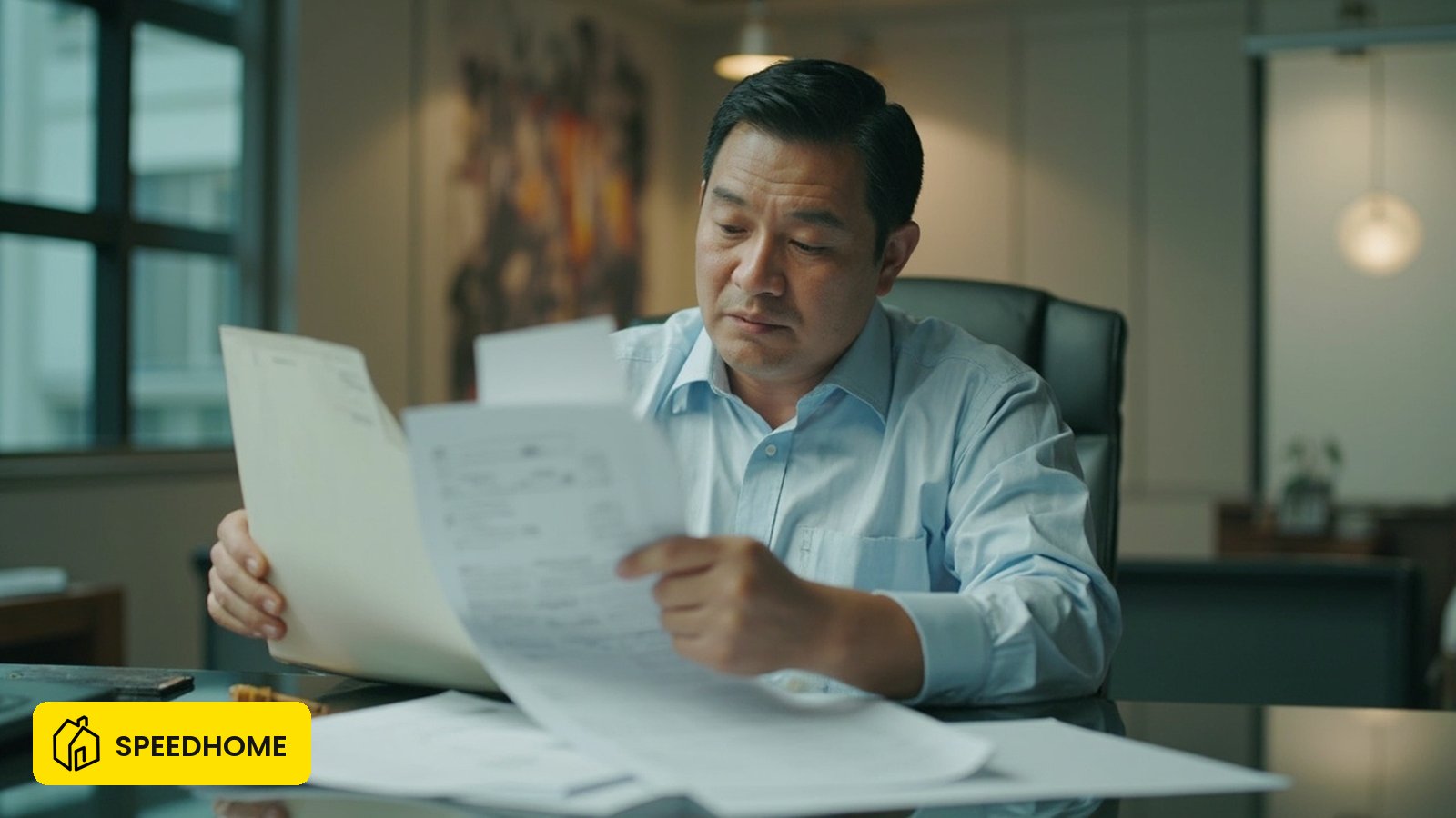 A Malaysian landlord reviews tenant documents at a desk before signing a tenancy agreement.