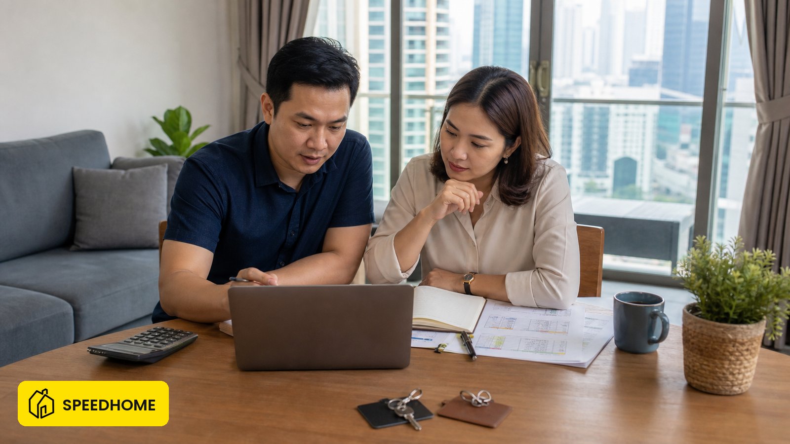 两位马来西亚联名房东在吉隆坡已装修公寓单位的餐桌旁,共同核对笔记本电脑上各自份额的租金收入与可扣费用