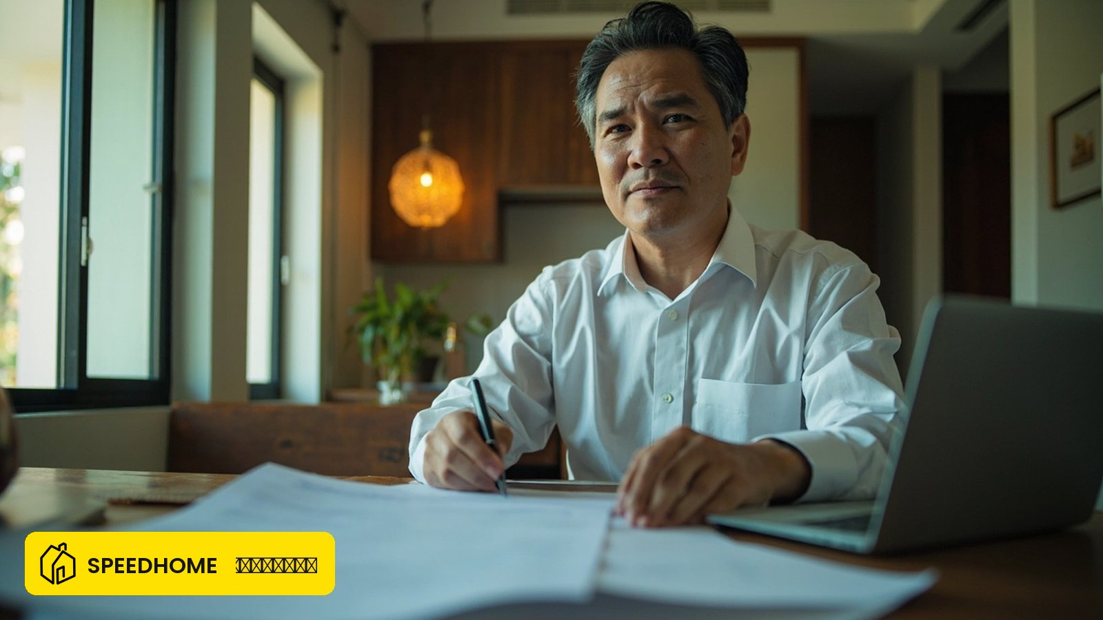 马来西亚房东在家中审阅租约,权衡托管租赁平台是否值得使用