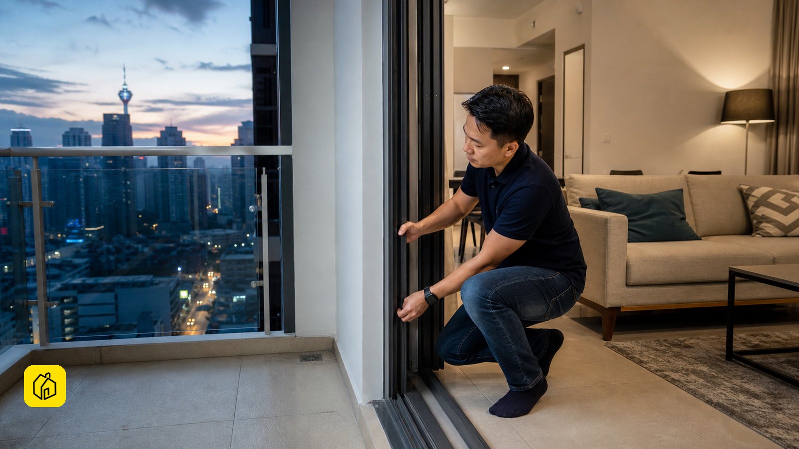 Malaysian landlord checking a balcony door and drainage in a Kuala Lumpur rental apartment.