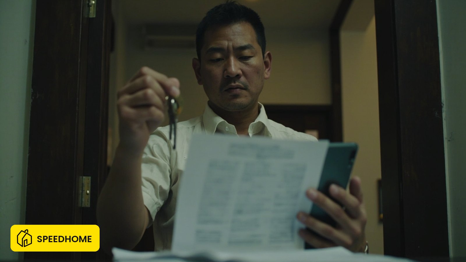Malaysian landlord verifying a deposit payment before handing over rental keys