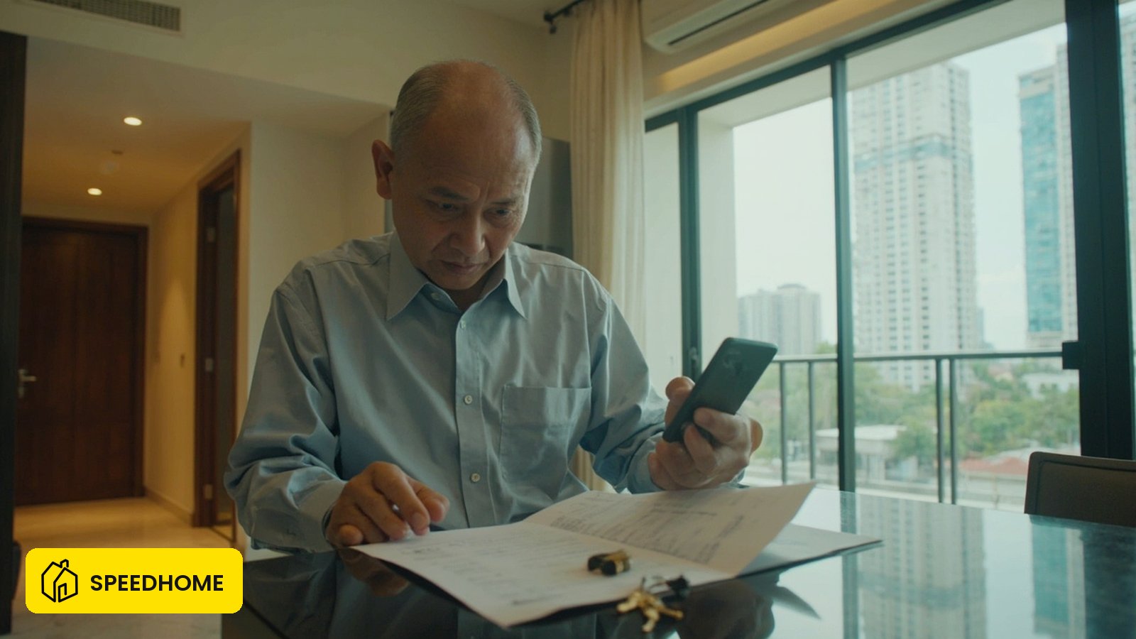 一位马来西亚房东在共管公寓单位内,交出钥匙前审视一份租约和手机上的核查结果。