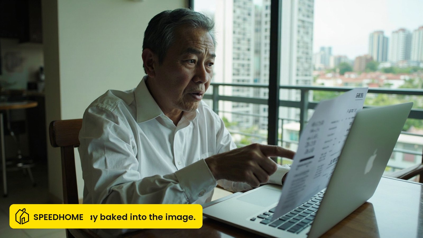 A Malaysian landlord reviewing rental yield figures on a laptop at a condominium dining table in Petaling Jaya