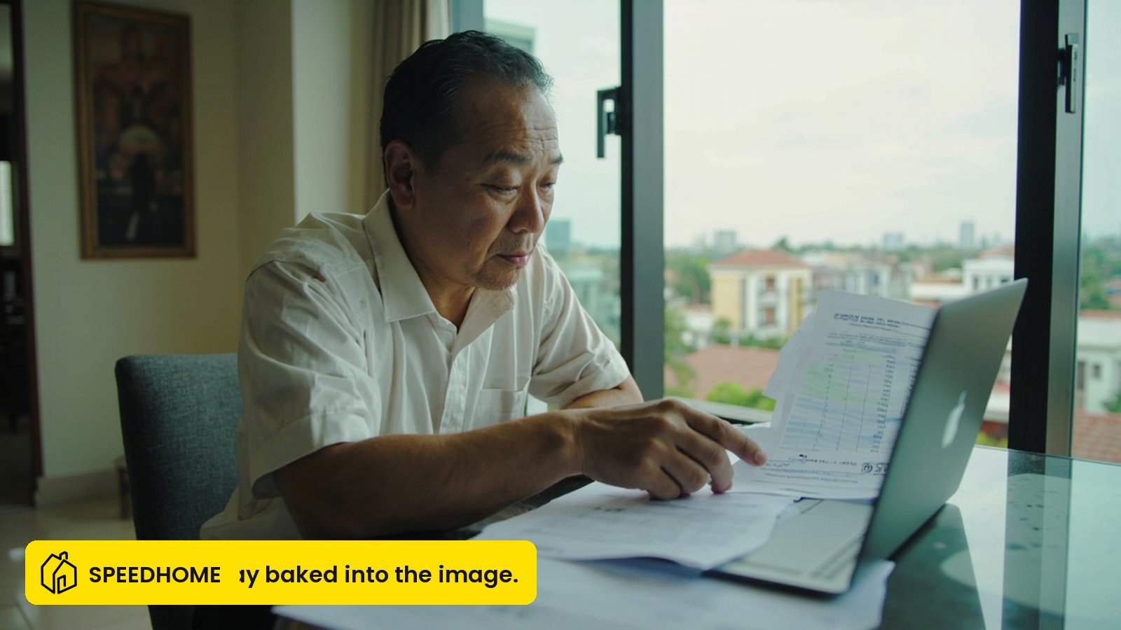 A Malaysian landlord reviewing rental yield figures on a laptop at a condominium dining table in Petaling Jaya