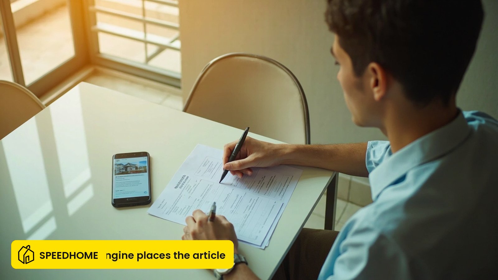 Person reviewing a rental checklist document at a table inside a Malaysian condominium unit before signing a tenancy agreement