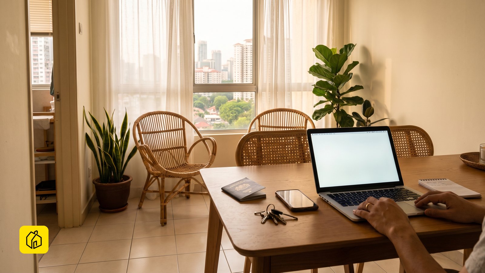 Penyewa warga asing menggunakan komputer riba di rumah sewa dengan pasport dan kunci di atas meja.