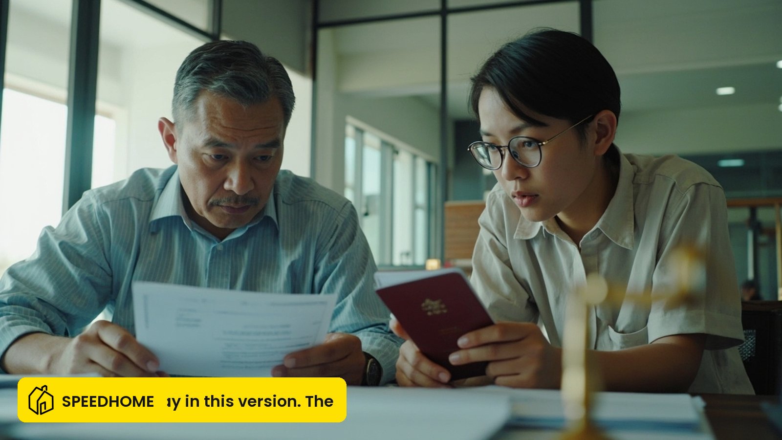 A Malaysian landlord reviews a passport and student documents with a foreign tenant at a condominium office in Kuala Lumpur.