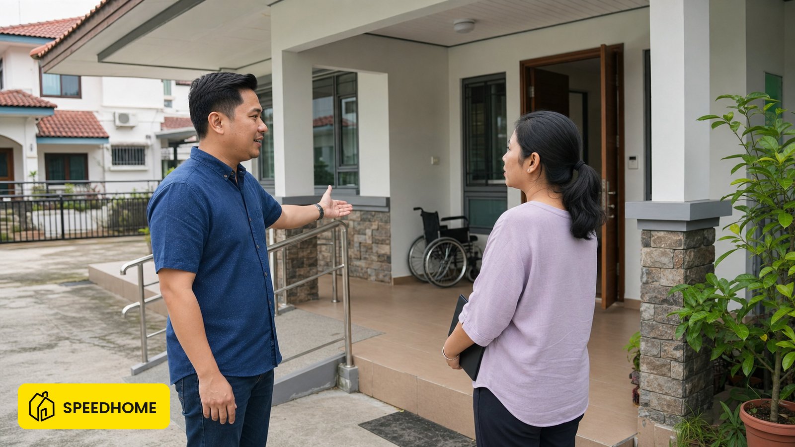 A landlord showing an empty house to a prospective tenant considering it for a care centre in Malaysia.