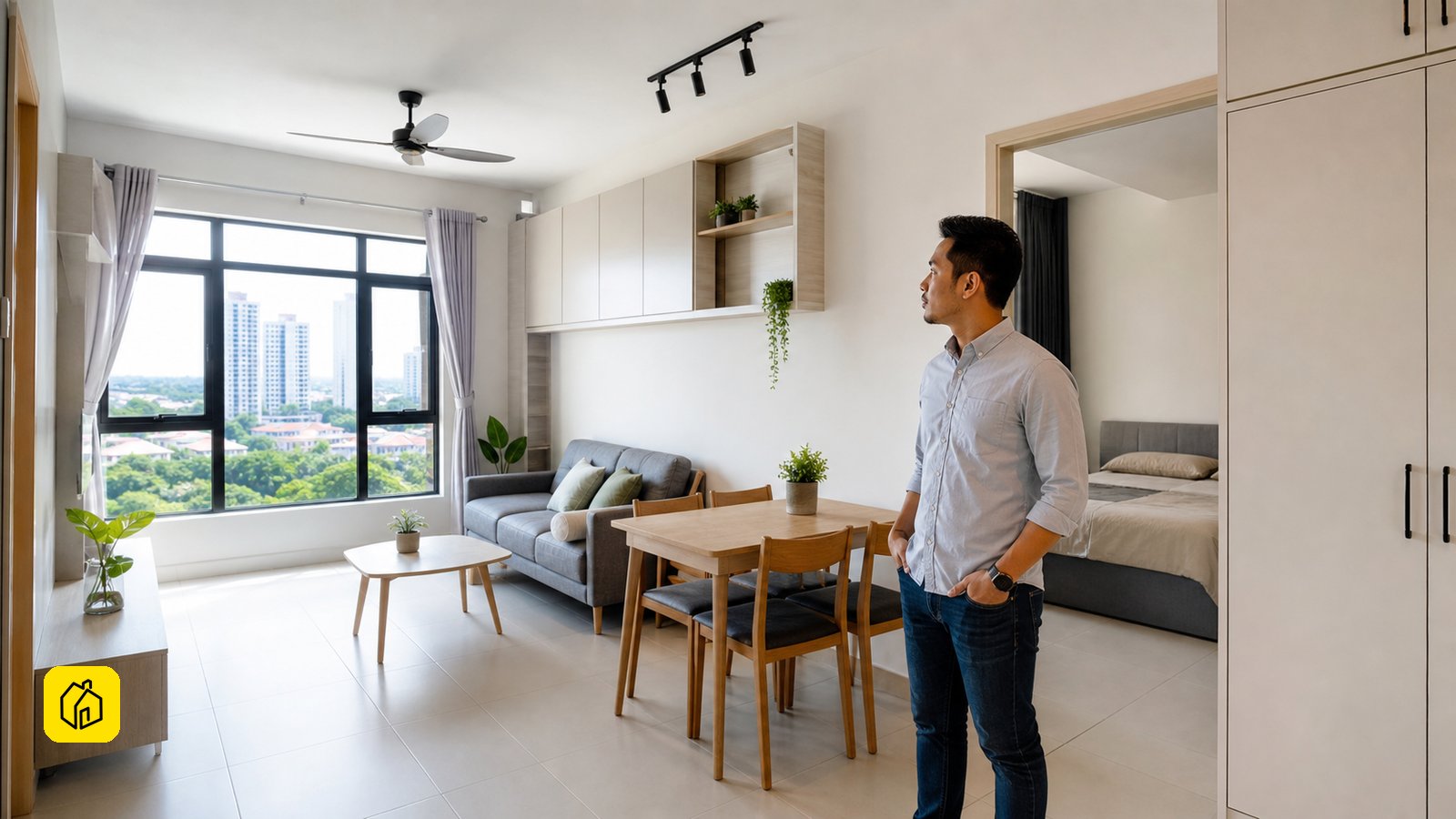 Malaysian landlord reviewing furniture flow and storage in a compact Shah Alam apartment.