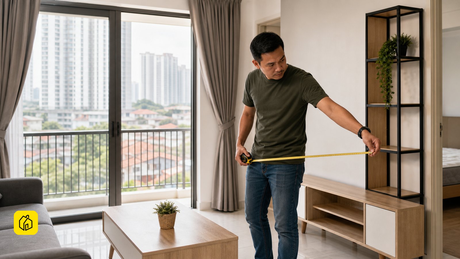 Malaysian landlord measuring a practical apartment living area for a reversible rental fit-out.