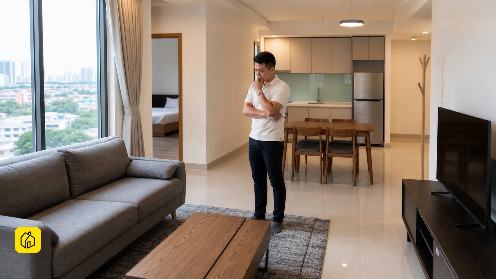 Malaysian landlord assessing a practical two-bedroom serviced-apartment living area for long-term tenancy.