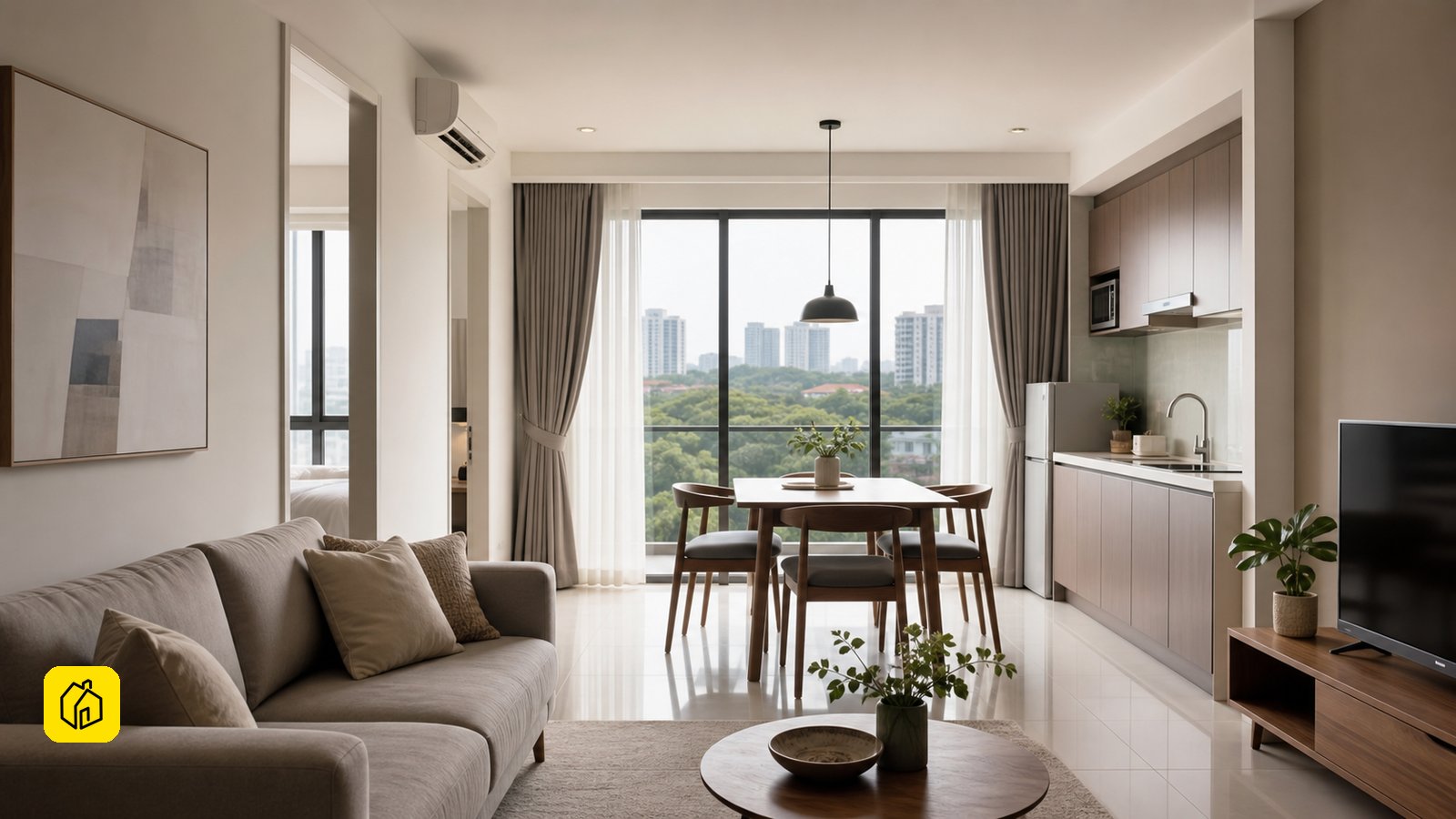 Malaysian landlord checking a compact serviced-apartment living space for long-term tenancy.