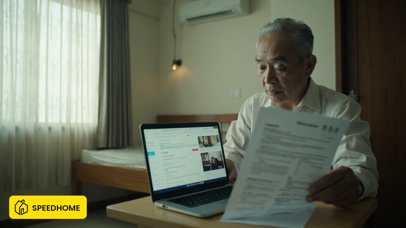 Malaysian landlord reviewing tenancy documents before handing over room key