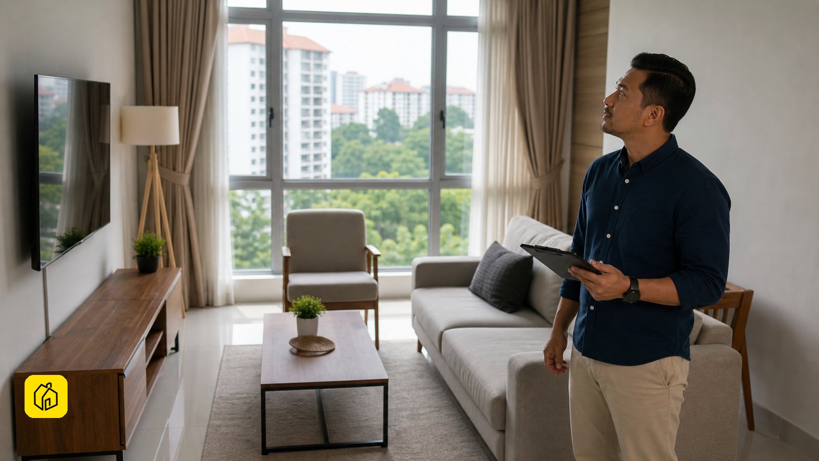 Malaysian property owners checking air-conditioning and ceiling condition before a tenant moves in.