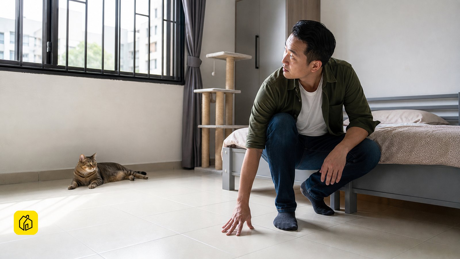Malaysian landlord checking tiled flooring and durable furnishings in a cat-friendly rental bedroom.