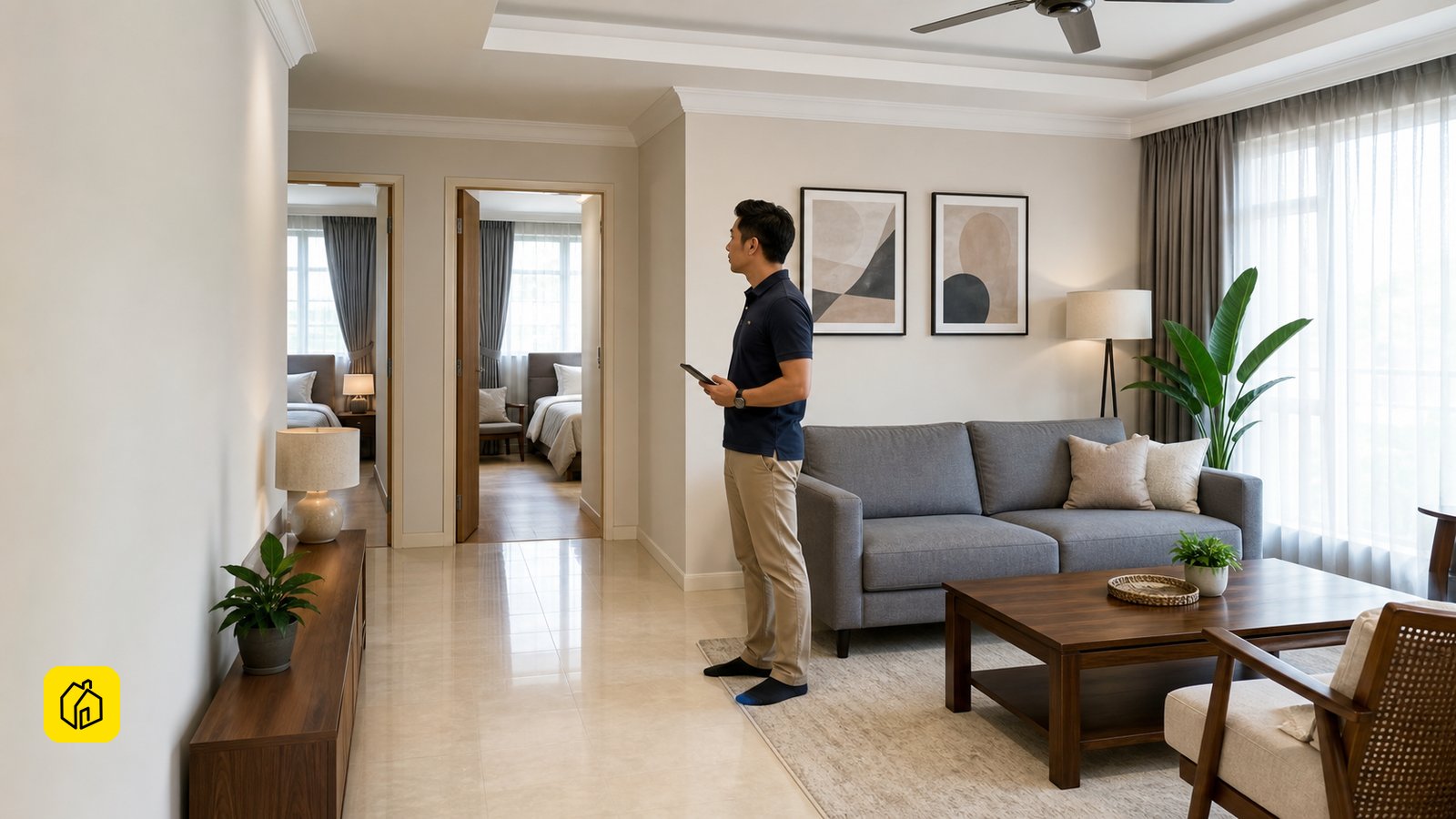 Malaysian landlord reviewing a well-kept condominium living room for a family tenancy.