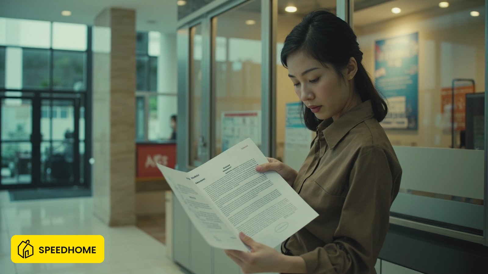 A Malaysian landlord reviewing a formal written demand document at the management counter of a Cyberjaya residential strata apartment building, illustrating the lawful eviction and recovery process for a Solstice Cyberjaya landlord