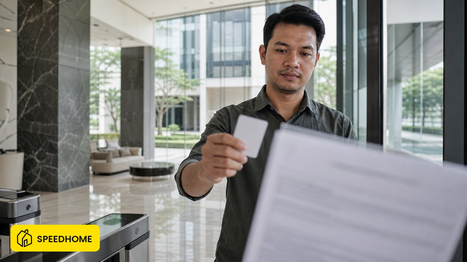 Tuan rumah di lobi condo Malaysia memegang access card