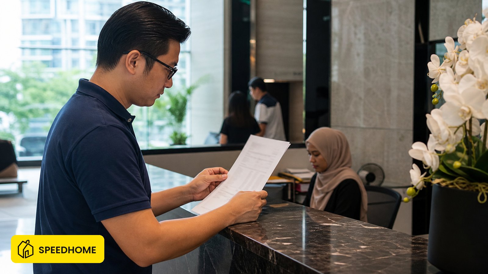 马来西亚公寓房东在 management office 查看 maintenance charge notice