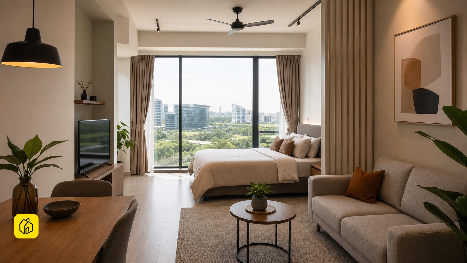 Malaysian owner assessing a compact studio-loft interior for whole-unit long-term tenancy.