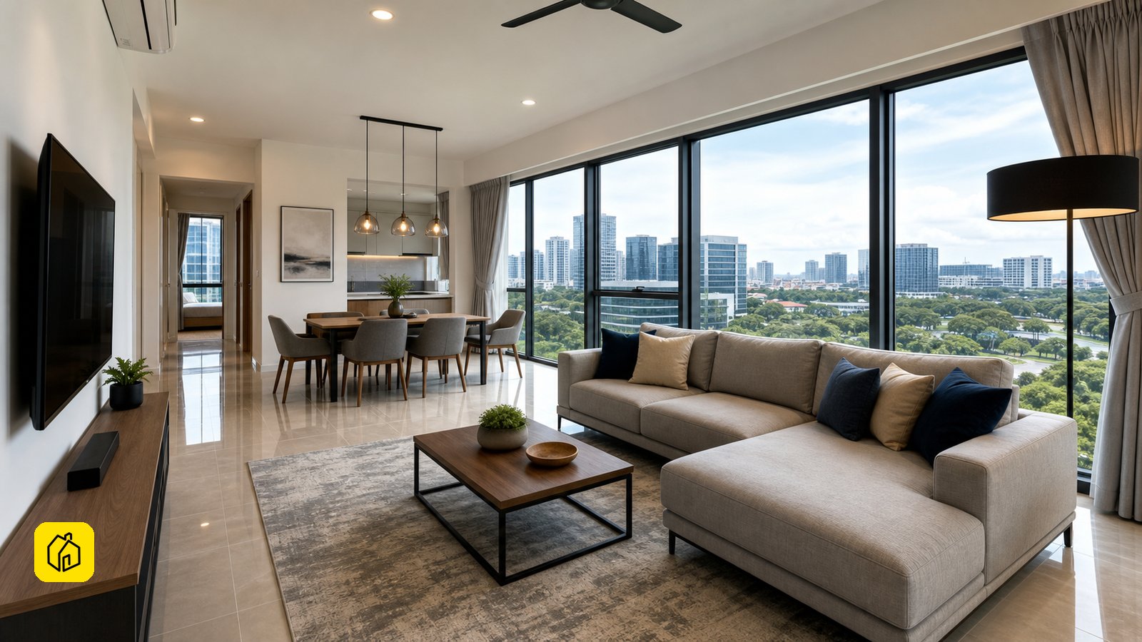Malaysian owner inspecting a practical three-bedroom apartment interior for whole-unit rental.