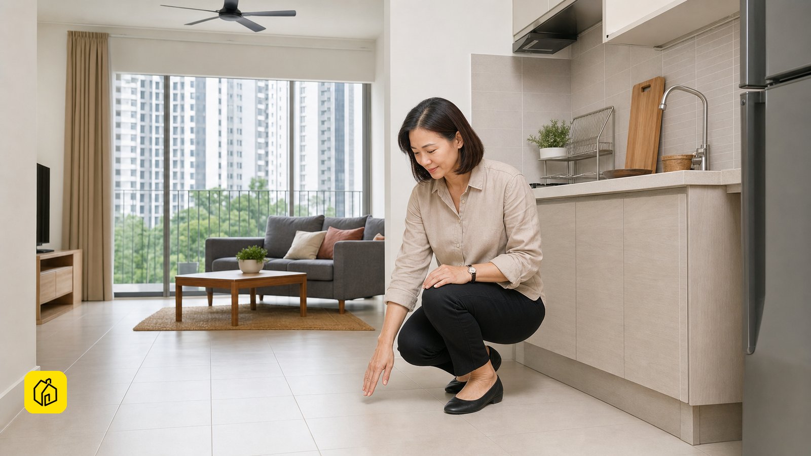 Malaysian landlord checking durable tiled flooring in a practical apartment kitchen and living area.