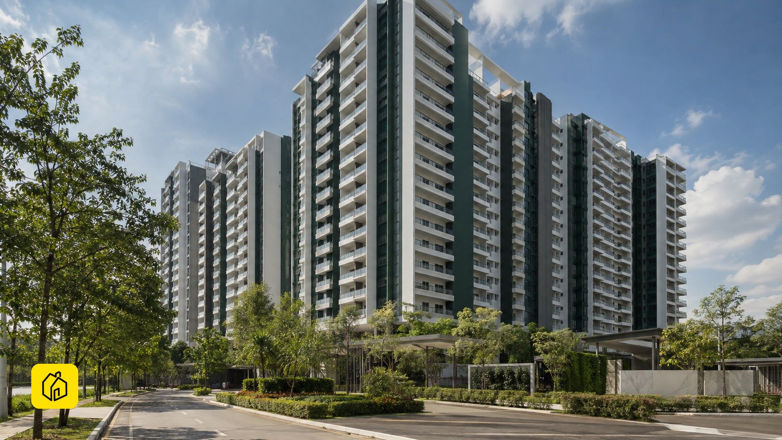 Menara apartmen pegangan bebas The Olive Sunsuria City di sepanjang jalan masuk berlandskap