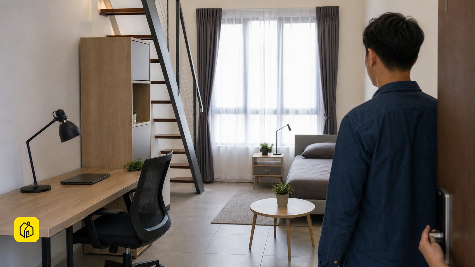 Malaysian landlord checking a compact studio or duplex work-from-home rental setup.