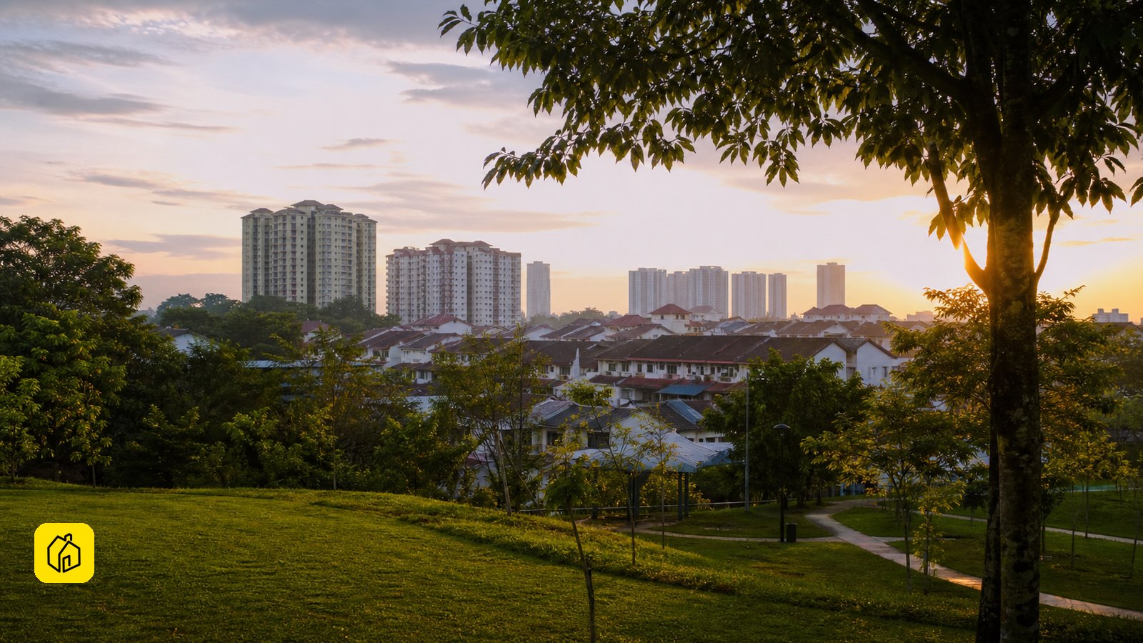 Illustrative Rawang residential skyline viewed from a neighbourhood park.