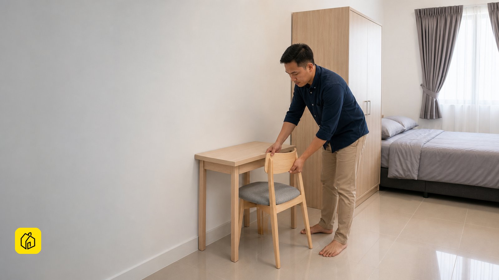 Illustrative Malaysian landlord preparing a compact rental studio for a long-term tenant