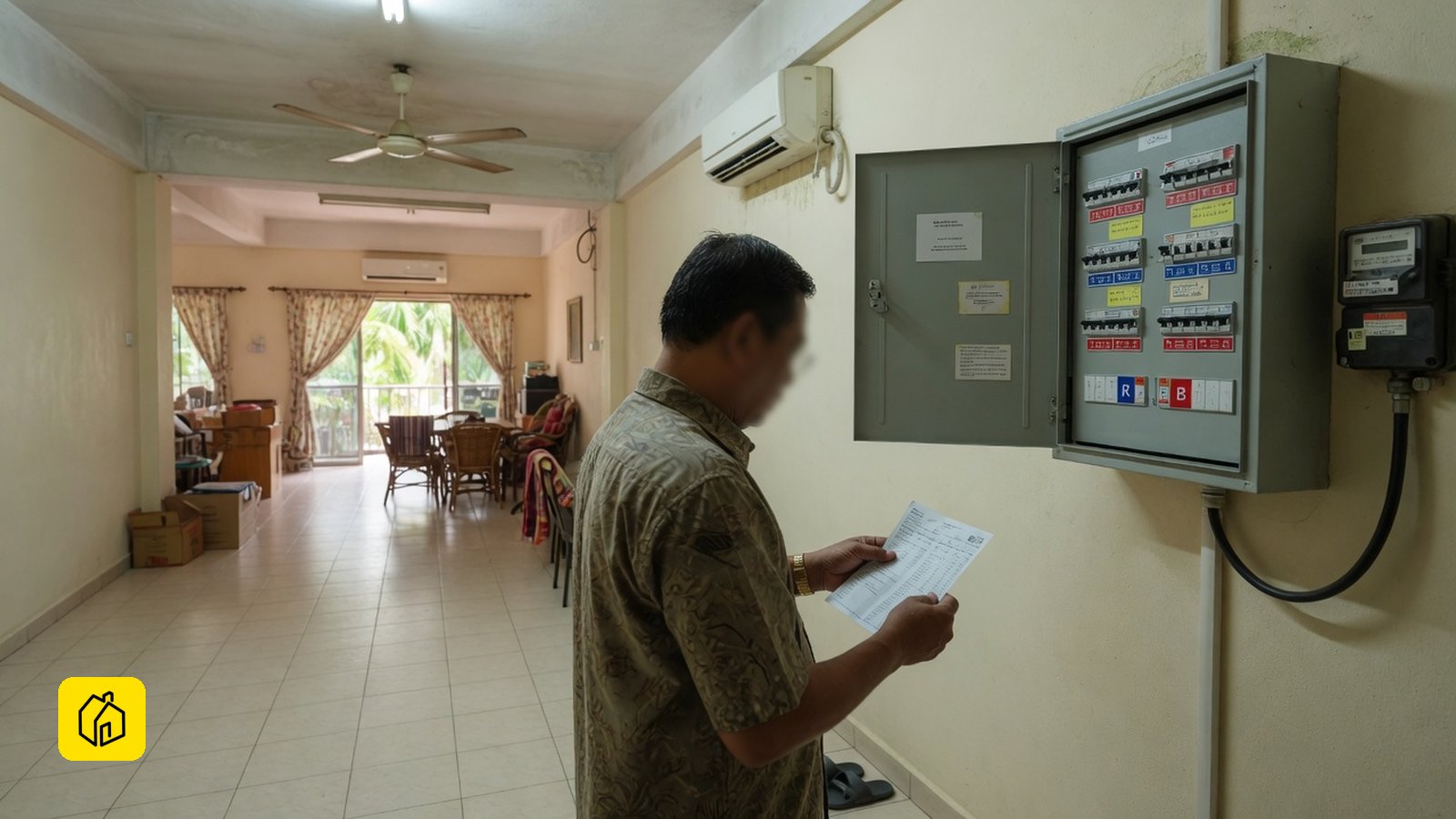 Malaysian landlord reviewing a TNB electricity bill in a large bungalow unit with visible distribution board