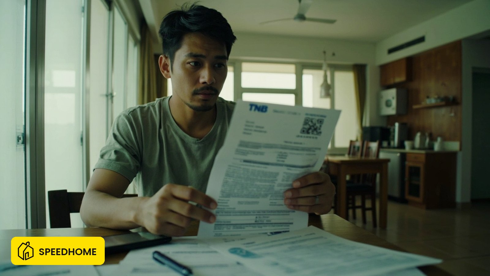 Malaysian tenant reviewing an unpaid TNB bill and a handover meter-reading photo at a rental table