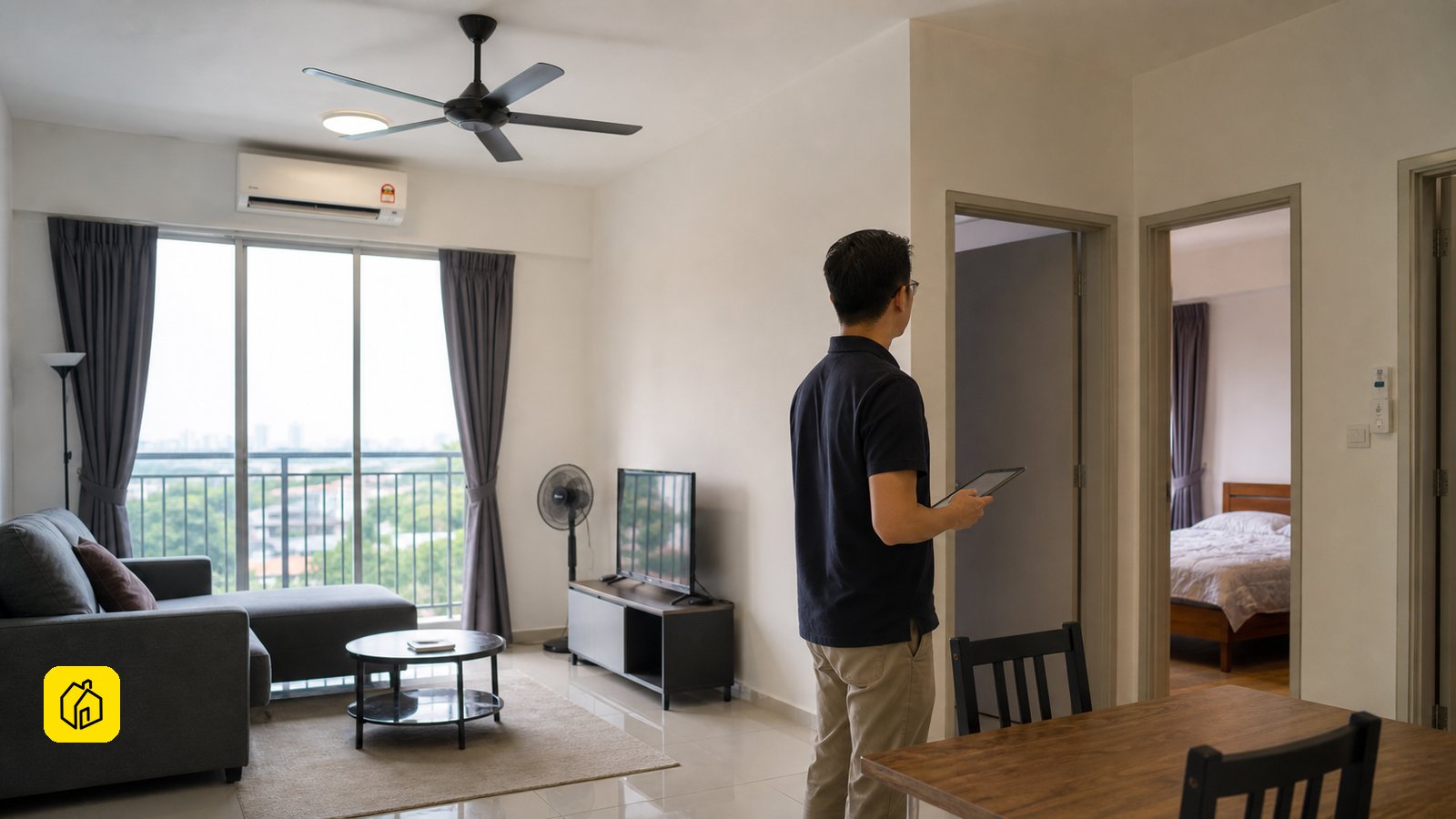 Illustrative Malaysian owner checking a three-bedroom apartment's rental readiness