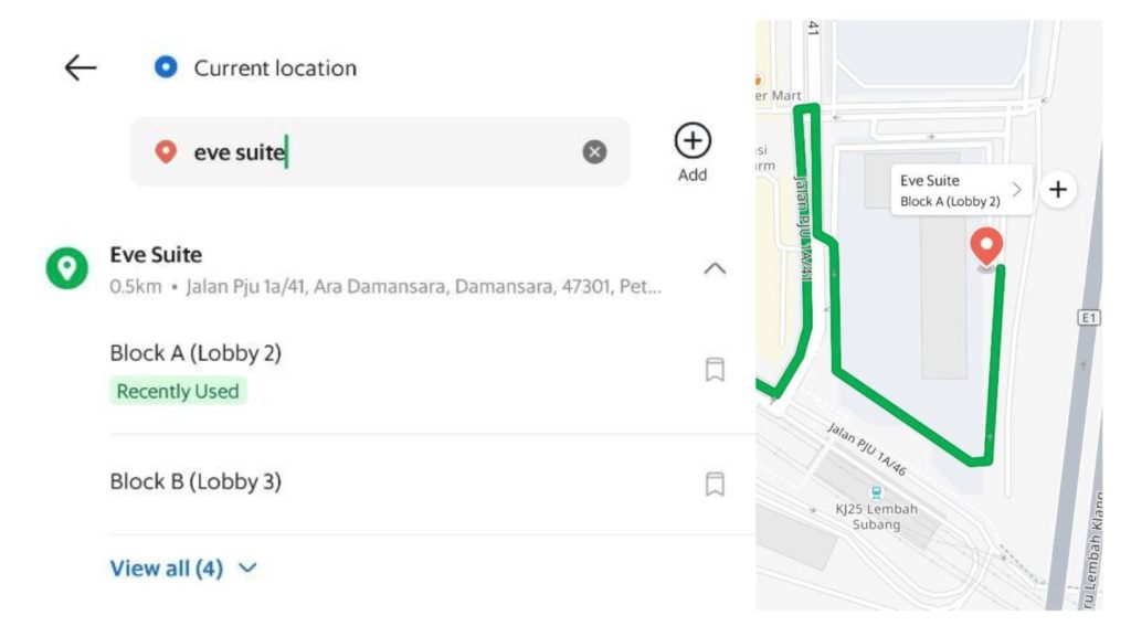 Grab app with the destination set to Eve Suite, Block A (Lobby 2), Ara Damansara — the SPEEDHOME office drop-off point.