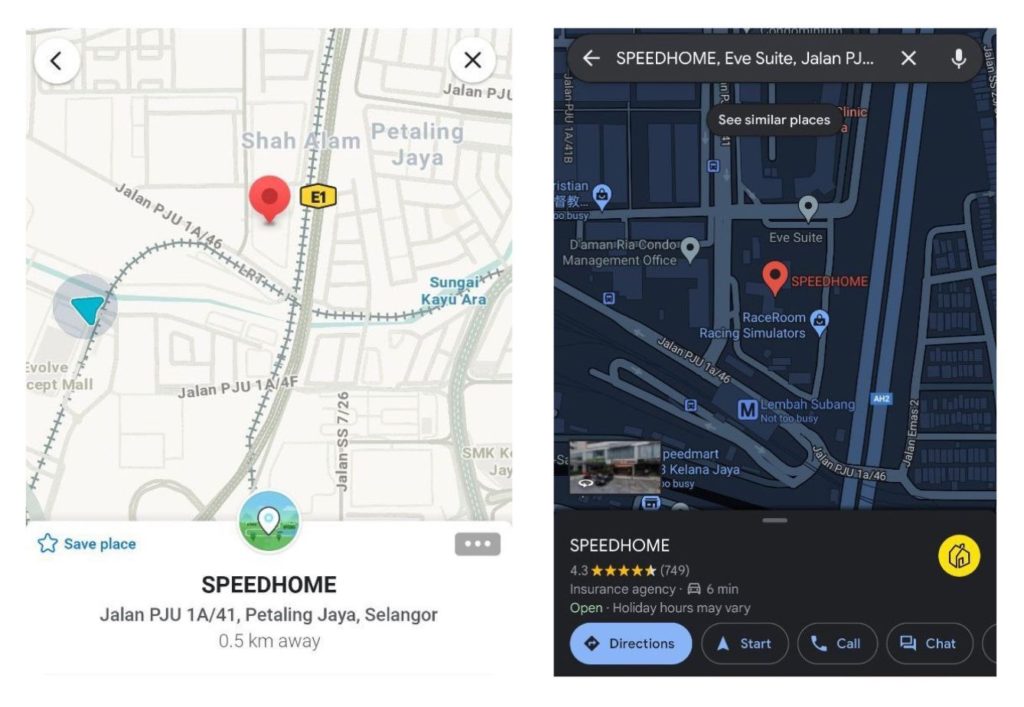 The Waze / Google Maps route result for SPEEDHOME office at Eve Suite, Ara Damansara, Petaling Jaya, with the building footprint and the two-block access layout visible.