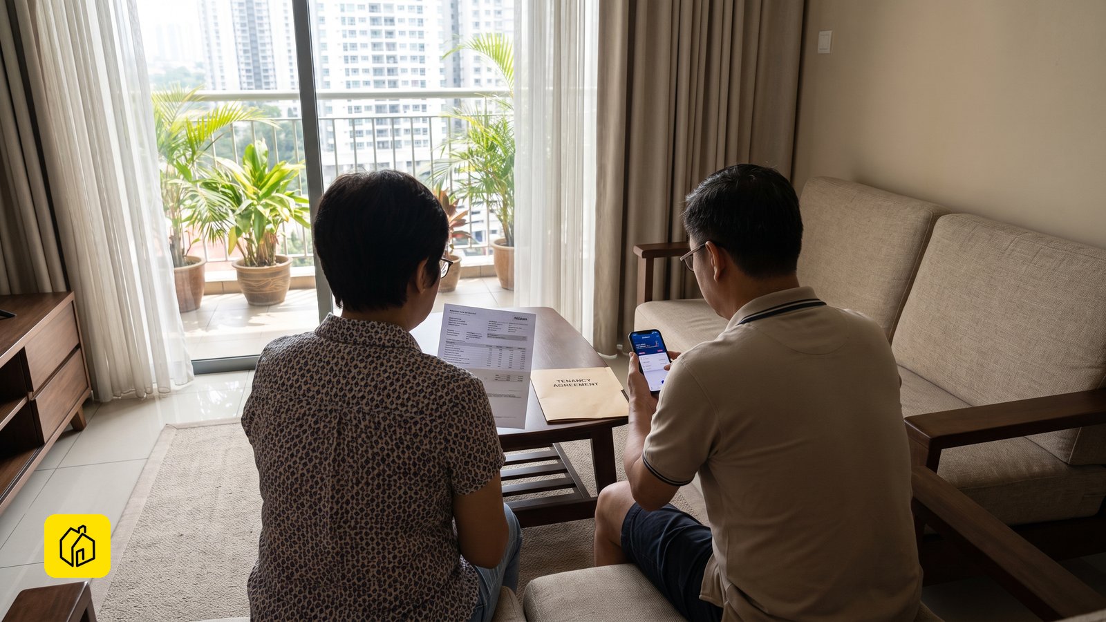 Pemilik dan penyewa berbincang tentang tanggungan utiliti dan yuran di ruang tamu apartmen Malaysia