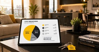 A wide-angle view of a modern Malaysian home featuring a digital cost breakdown for tenancy agreement charges in 2026