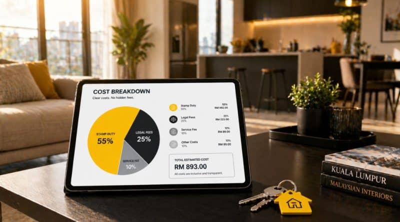 A wide-angle view of a modern Malaysian home featuring a digital cost breakdown for tenancy agreement charges in 2026