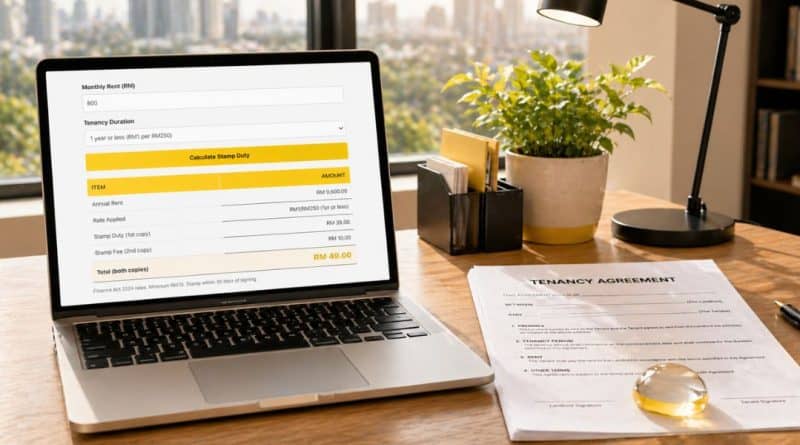 A wide-angle photo of a modern desk with a laptop displaying a 2026 Malaysia Stamp Duty Calculator, symbolizing smooth, legal digital compliance for a tenancy agreement