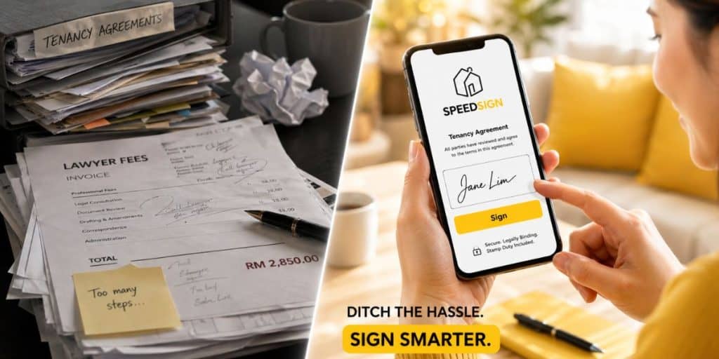 A comparison between traditional paperwork with high legal fees and the efficient, digital SPEEDSIGN tenancy agreement process