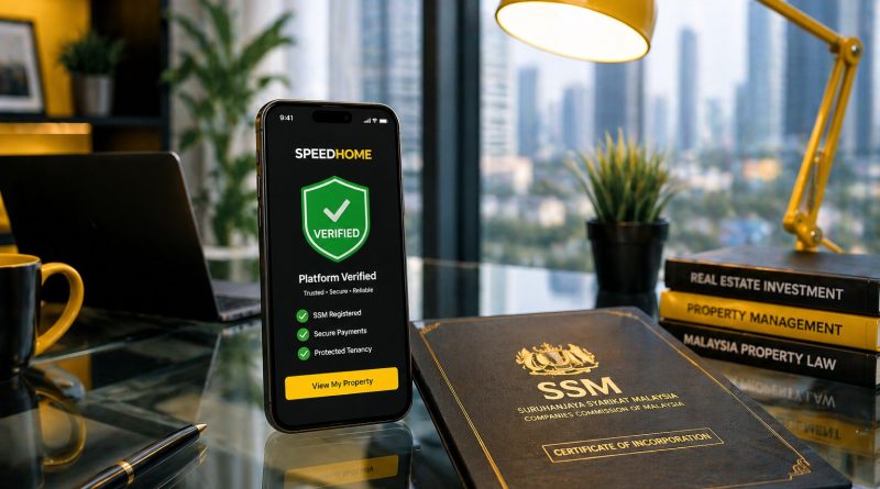 Semakan ketulenan platform SPEEDHOME dan pendaftaran rasmi SSM untuk mengelakkan penipuan sewa.