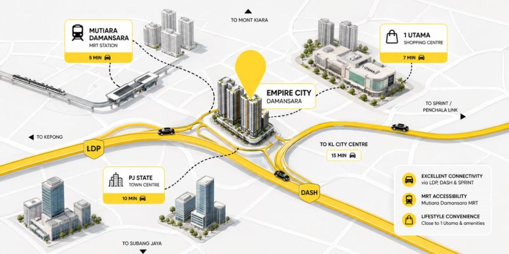 A branded 3D map showing Empire City Damansara's connectivity to Mutiara Damansara, 1 Utama, and major highways like the LDP